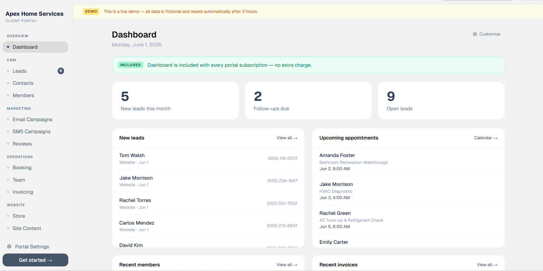 MarkStand dashboard showing new leads, upcoming appointments, and recent invoices