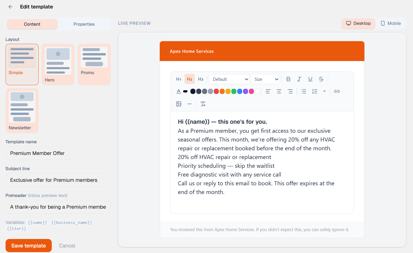 MarkStand email campaign builder with live preview showing a branded email template