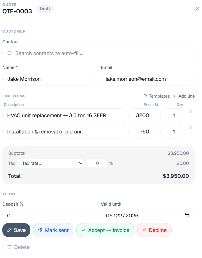 MarkStand quote builder showing line items, total, and the Accept to Invoice button